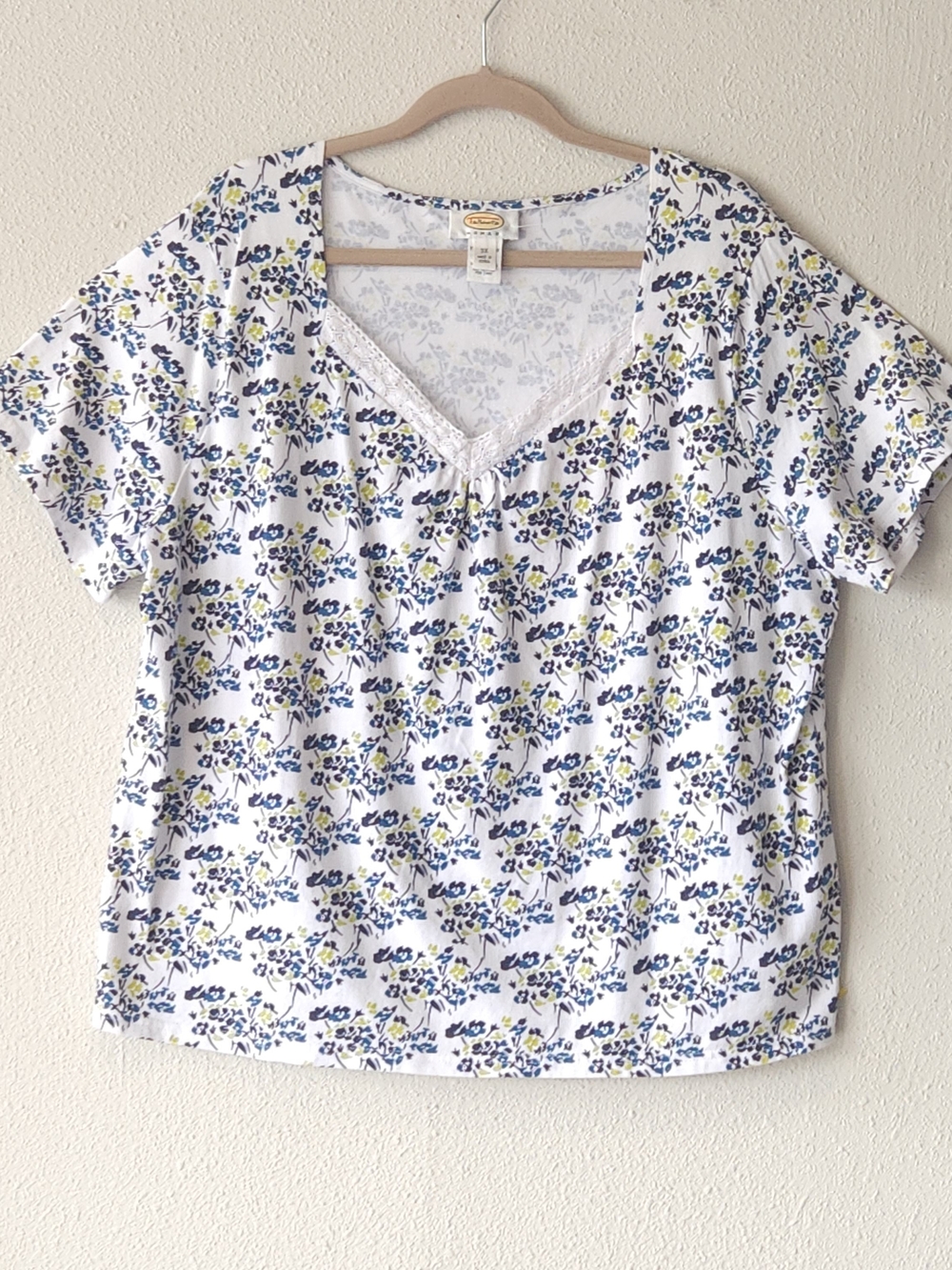 Talbots Blue Floral Print Short Sleeve V-Neck Tee PLUS SIZE 3X